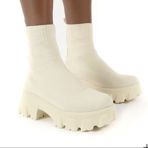 Cream Chunky Platform Sole Sock Ankle Boots